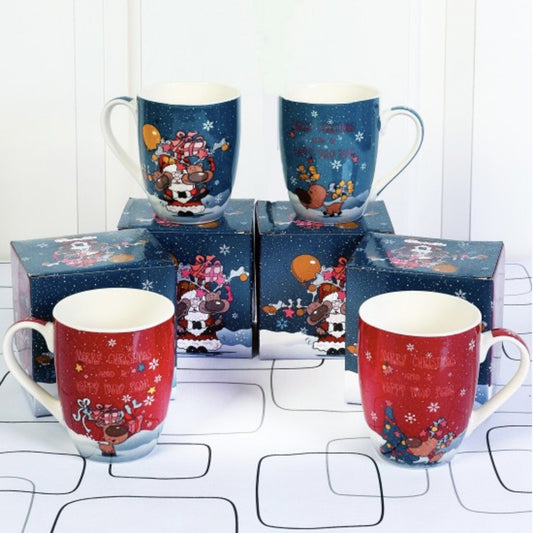 Set of 4 gift boxed Christmas mugs, 2 red, 2 blue with assorted reindeer images
