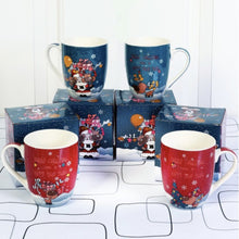 Load image into Gallery viewer, Set of 4 gift boxed Christmas mugs, 2 red, 2 blue with assorted reindeer images
