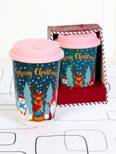 Load image into Gallery viewer, Christmas mug with snowman, reindeer and gnome image.  Gold typography says Merry Christmas
