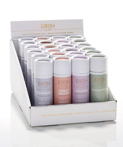 Display Box of Earth Lux Essential Oils.  Lavender, Peppermint, Sweet Orange and Eucalyptus.  6561287897252
