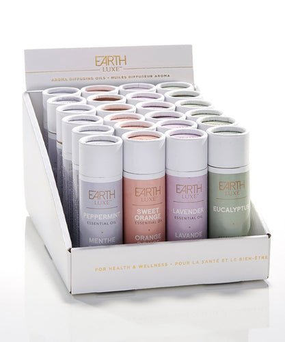 Display Box of Earth Lux Essential Oils.  Lavender, Peppermint, Sweet Orange and Eucalyptus.  6561287897252