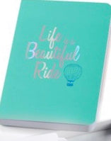 Load image into Gallery viewer, A teal coloured small travel journal with “Life is Beautiful” saying written in silver lettering.  It has a picture of an old fashioned  hot air balloon on it.   6561114030244
