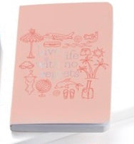 Peach Colour Travel Journal saying “Live Life Wit No Regrets” and travel items printed on it.  6561114030244