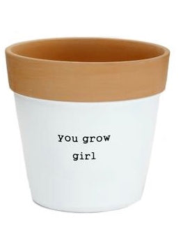 Medium Size Terra Cotta Flower Pot Painted White with Saying “You Grow Girl” printed on it.  6556736553124