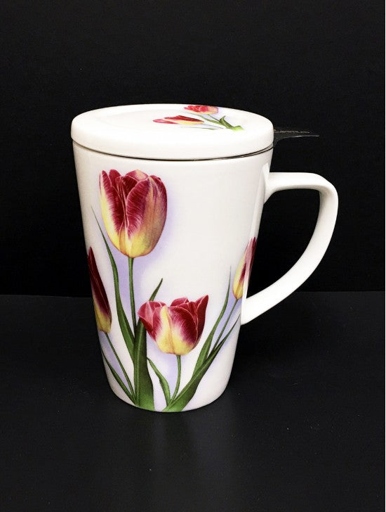 White porcelain tea mug with a lid decorated with tulips.