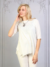 Load image into Gallery viewer, White 1/2 sleeve top with rhinestone detail
