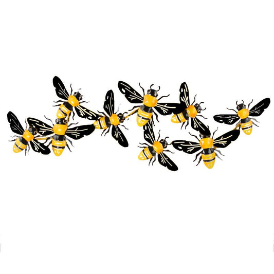A horizontal group of bees in black and yellow