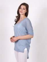 Load image into Gallery viewer, Light blue 1/2 length sleeve v-neck top.   The back of the top is longer than the front.
