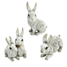 Load image into Gallery viewer, 3 individual Bunny Figurines.  One is sitting, one is laying and one has 2 bunnies one that is whispering into the other bunnies ear.  6556777218212
